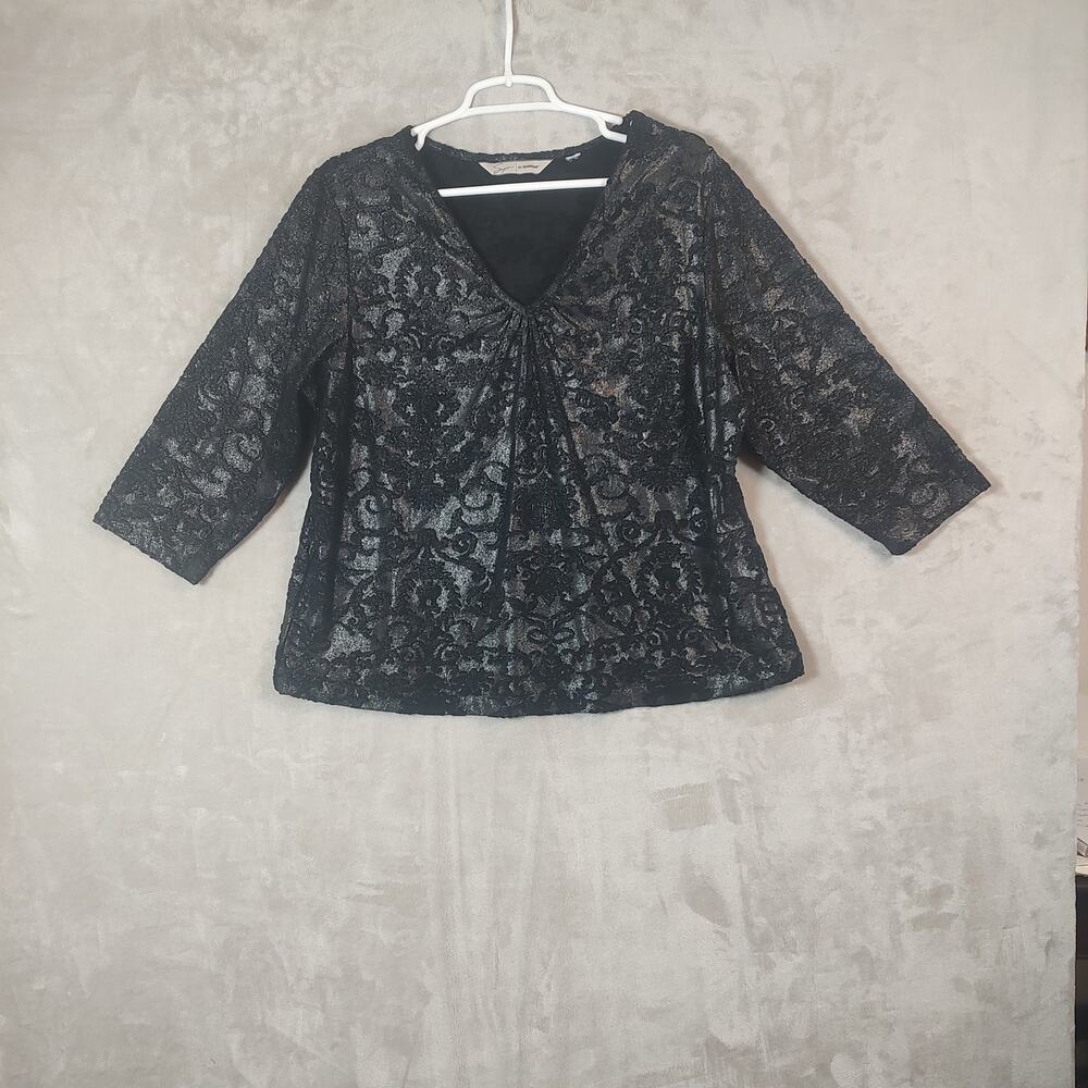 Women's Avenue  Blouse 3/4 Sleeve Black & Silver Pullover Sz 18/20 Damask Print